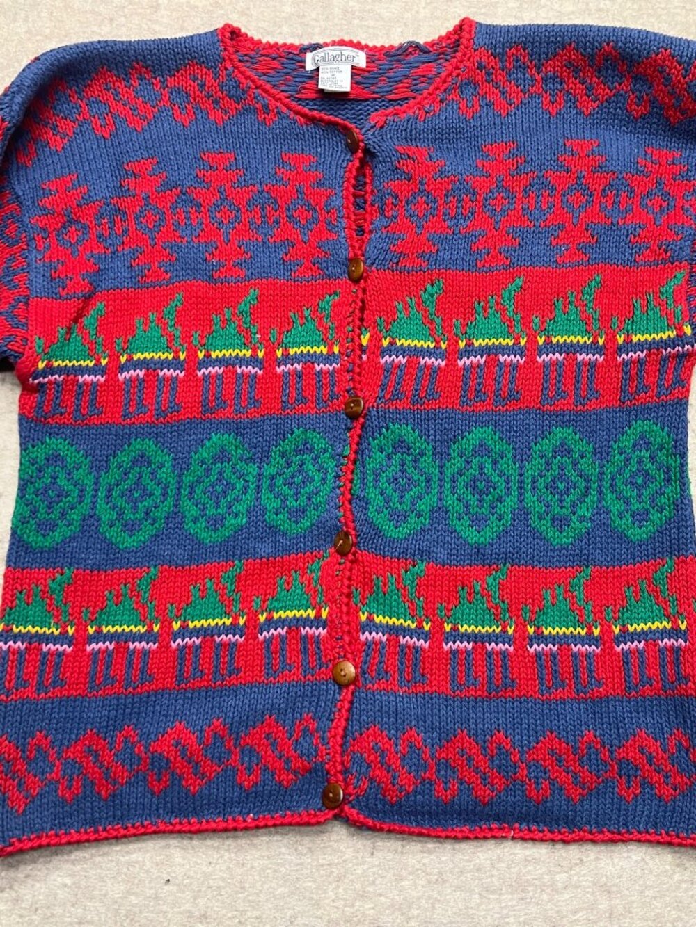 Vintage Gallagher Ramie Cotton Cardigan Holidays Knit Sweater Medium Pattern - Picture 4 of 8